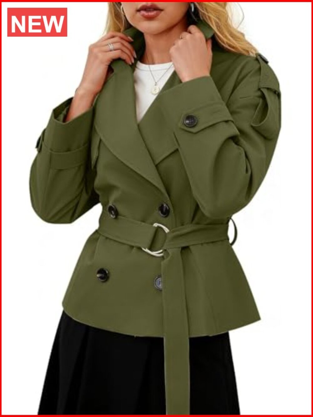 Women's Cropped Trench Coat Double Breasted Short Work Jacket with Belt - Picture 3 of 4